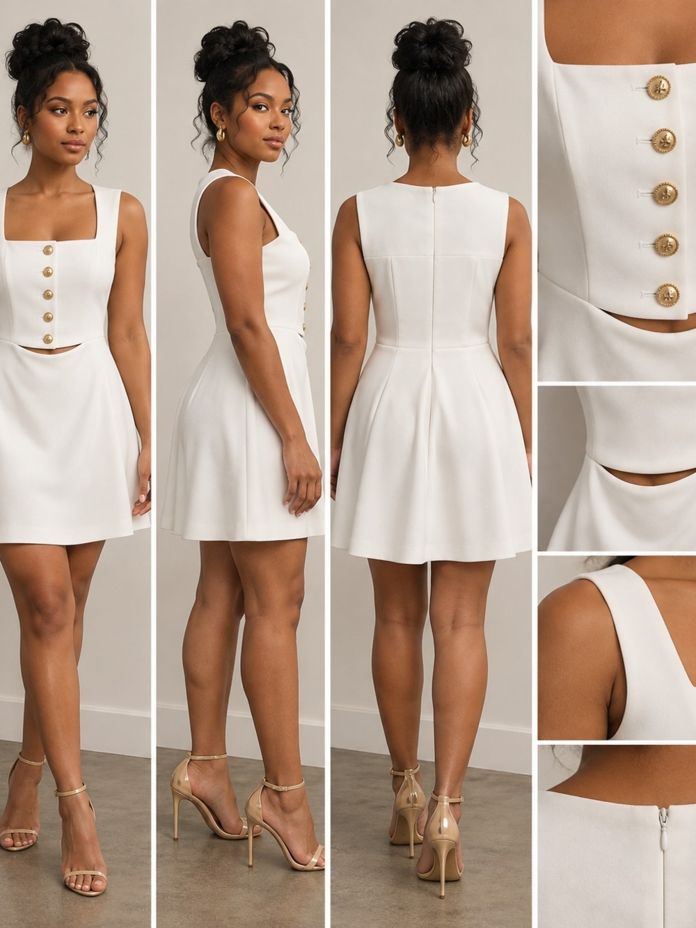 BCBG White Square-Neck Button-Front A-Line Mini Dress